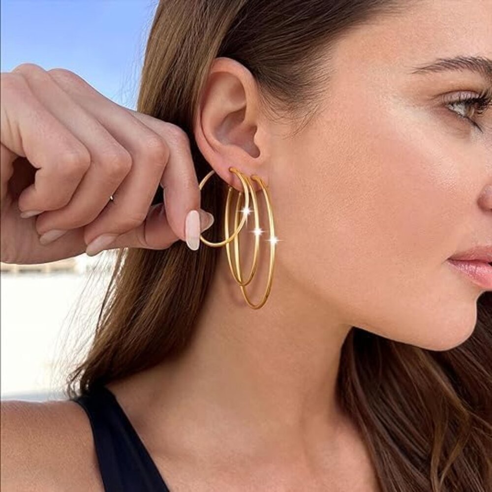 Stainless Steel gold silver Plated Hoop Earrings for Women, Hypoallergenic Hoops - Picture 2 of 6